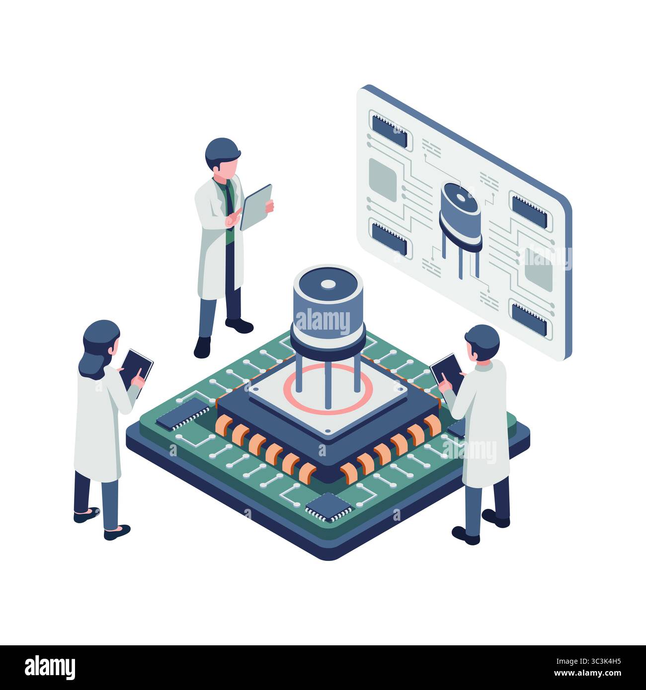 Ingénieur isométrique travaillant sur la conception et le développement de transistors et semi-conducteurs. Concept de conception de transistors et de semi-conducteurs Illustration de Vecteur