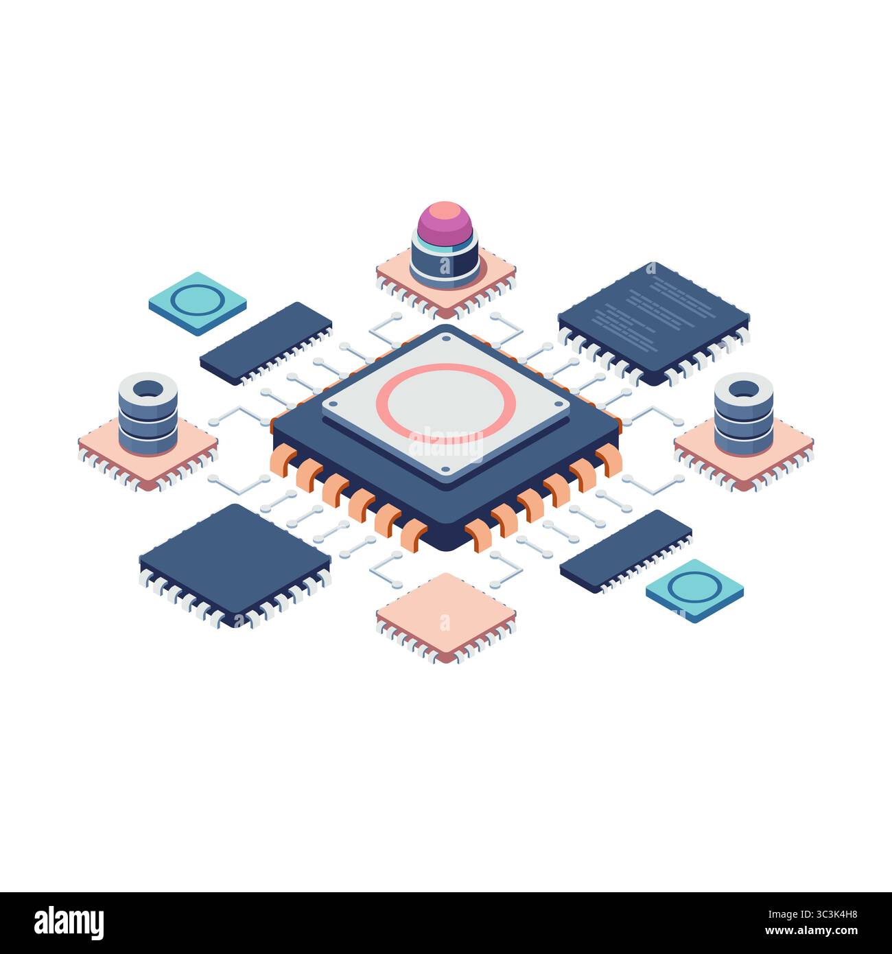 Puce semi-conductrice isométrique avec composants connectés. Concept de technologie des semi-conducteurs Illustration de Vecteur