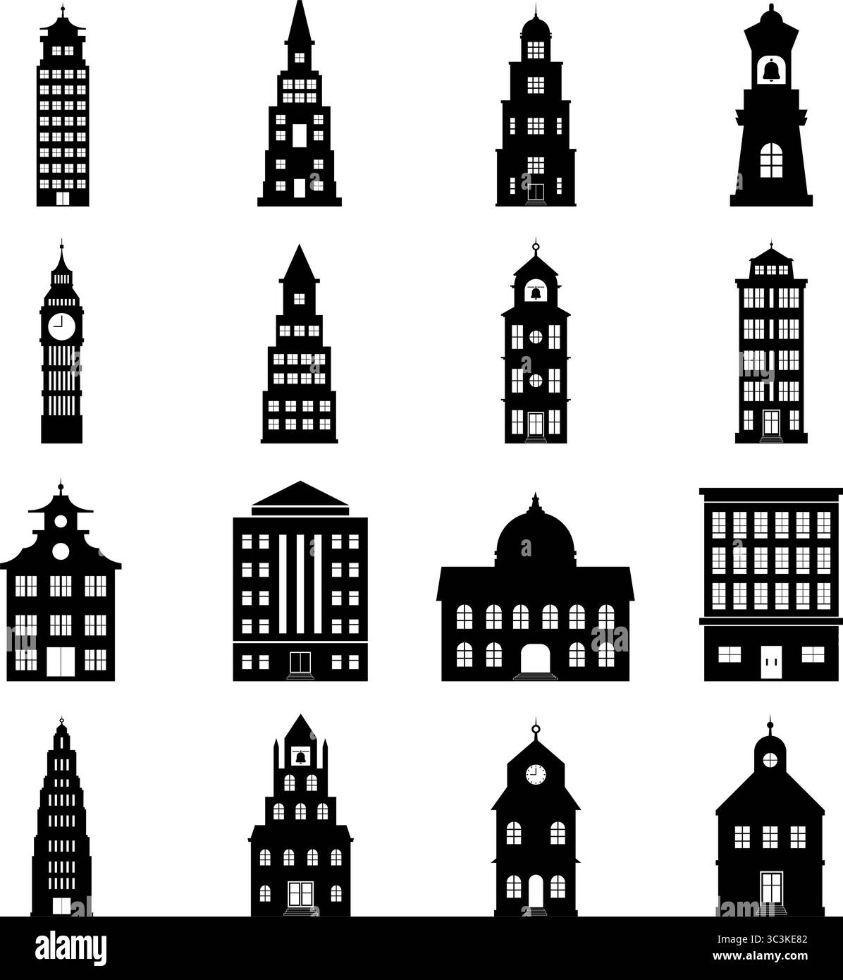 Ensemble de bâtiments vectoriels. noir et blanc Illustration de Vecteur