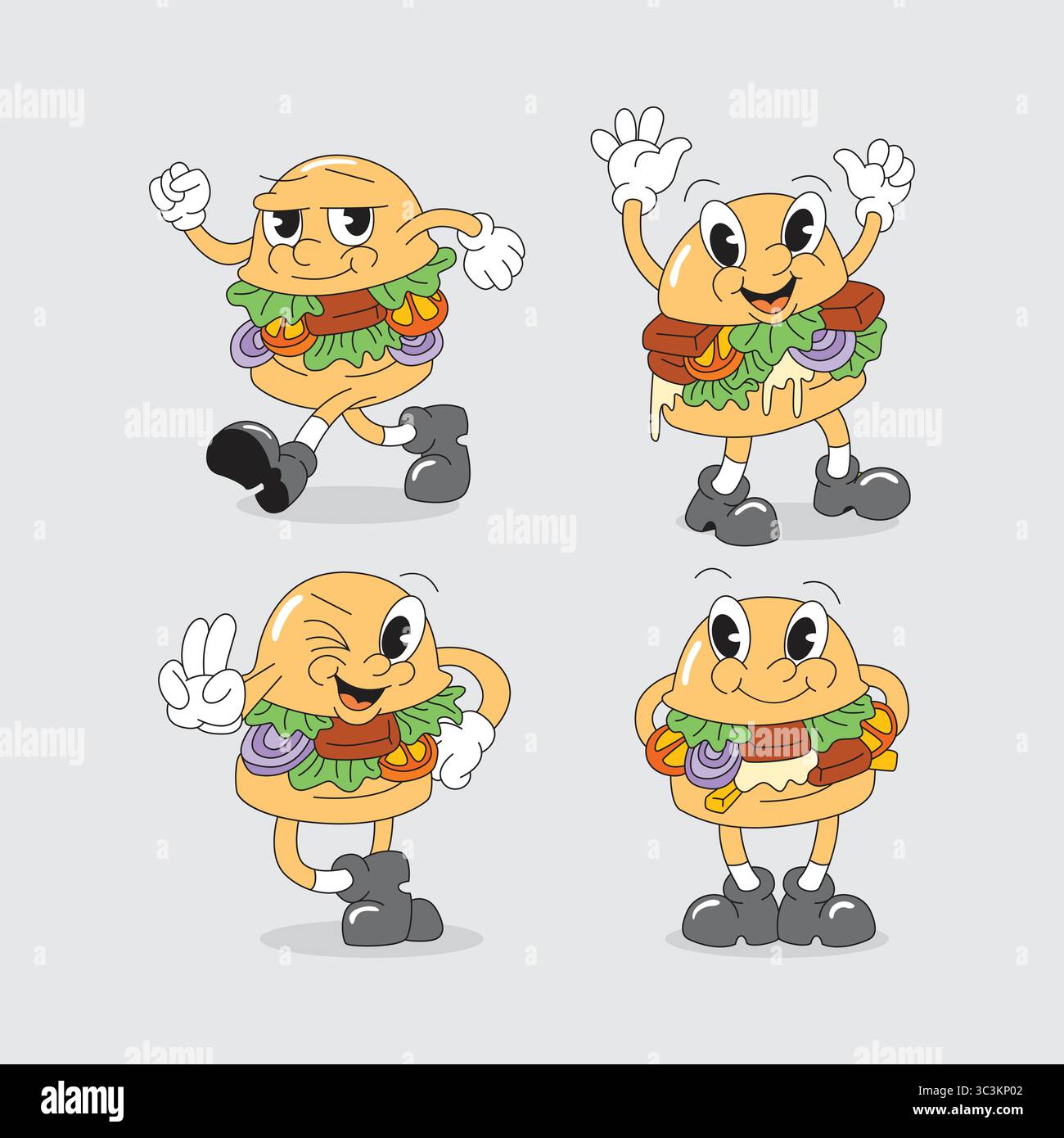 Motif mascotte hamburger. Pack vecteur hamburger mignon. Illustration de Vecteur