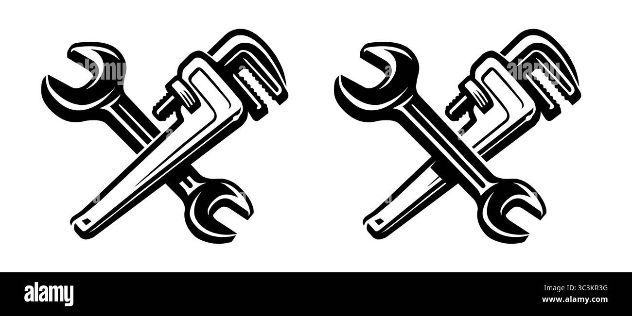 Outils de travail croisés. Symbole clé et clé à molette. Emblème d'atelier, d'entretien, de réparation Illustration de Vecteur