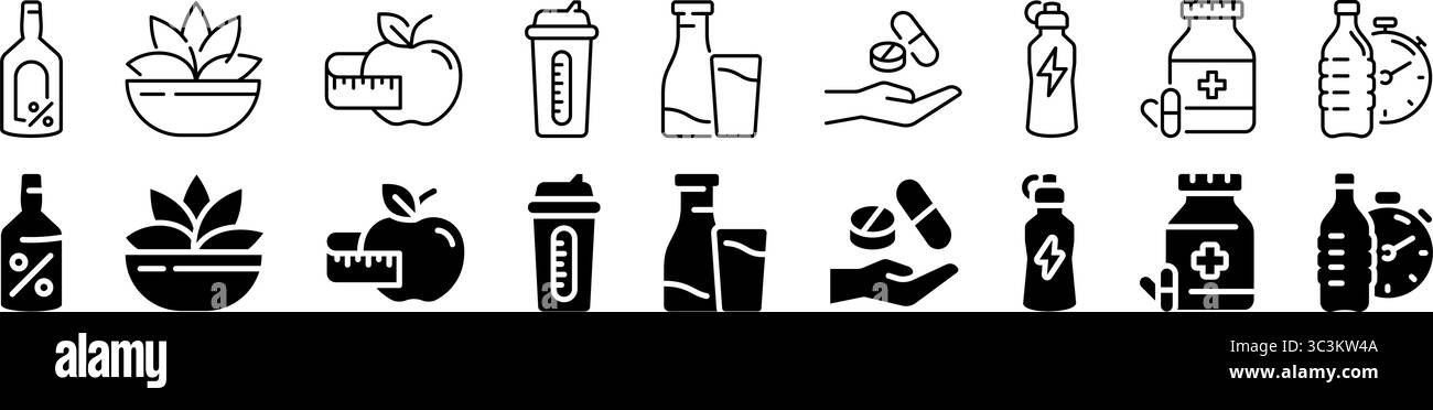 Jeu d'icônes de mode de vie sain et de nutrition. Style silhouette. Illustration de Vecteur