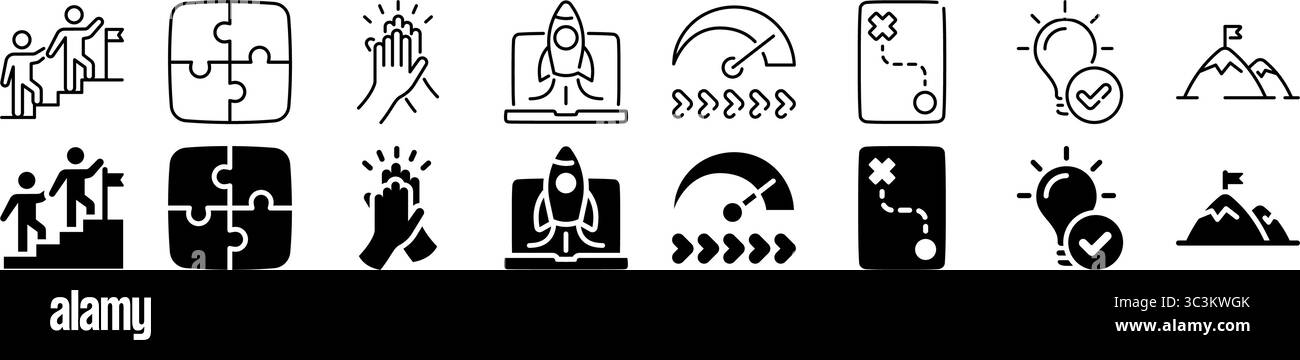 Ensemble d'icônes de croissance, d'innovation et de réussite. Style linéaire et silhouette. Illustration de Vecteur