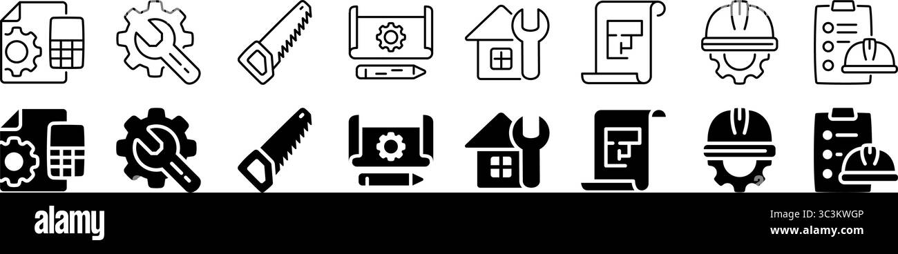 Jeu d'icônes de planification de l'ingénierie et de la construction. Style linéaire et silhouette. Illustration de Vecteur