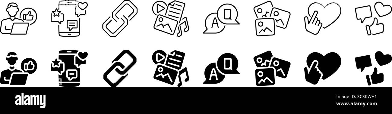 Icône d'interaction avec les médias sociaux et de partage de contenu. Style linéaire et silhouette. Illustration de Vecteur
