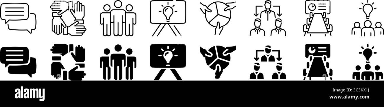 Jeu d'icônes de communication d'équipe et d'idée d'entreprise. Style linéaire et silhouette. Illustration de Vecteur