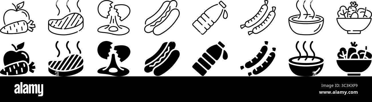 Jeu d'icônes d'aliments sains et cuits. Style linéaire et silhouette. Illustration de Vecteur