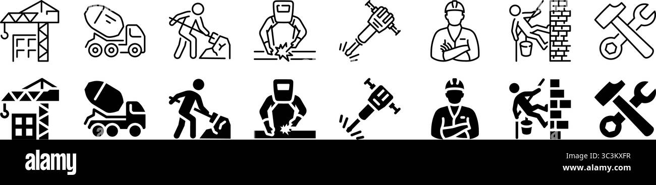 Jeu d'icônes de travaux de construction et d'outils lourds. Style linéaire et silhouette. Illustration de Vecteur