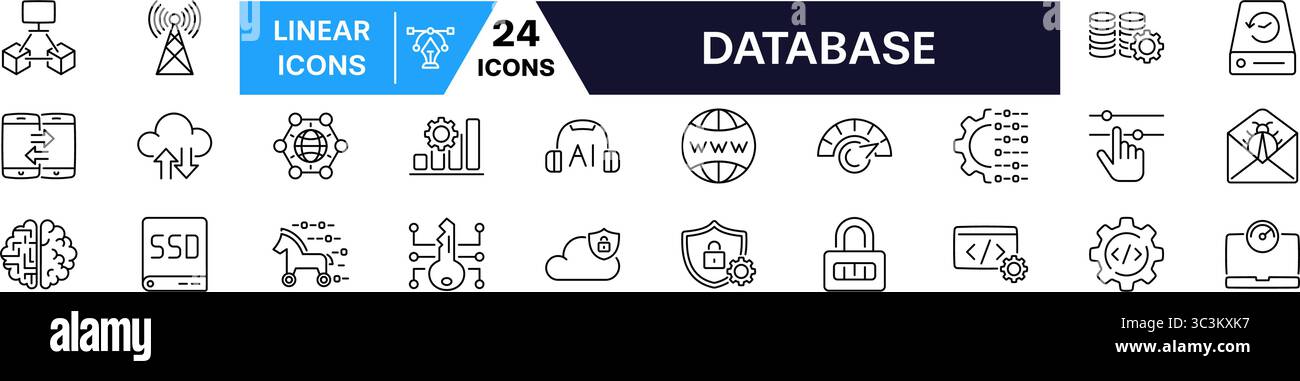 Ensemble de bases de données et de cloud. Icônes de ligne de base de données. Illustration de Vecteur