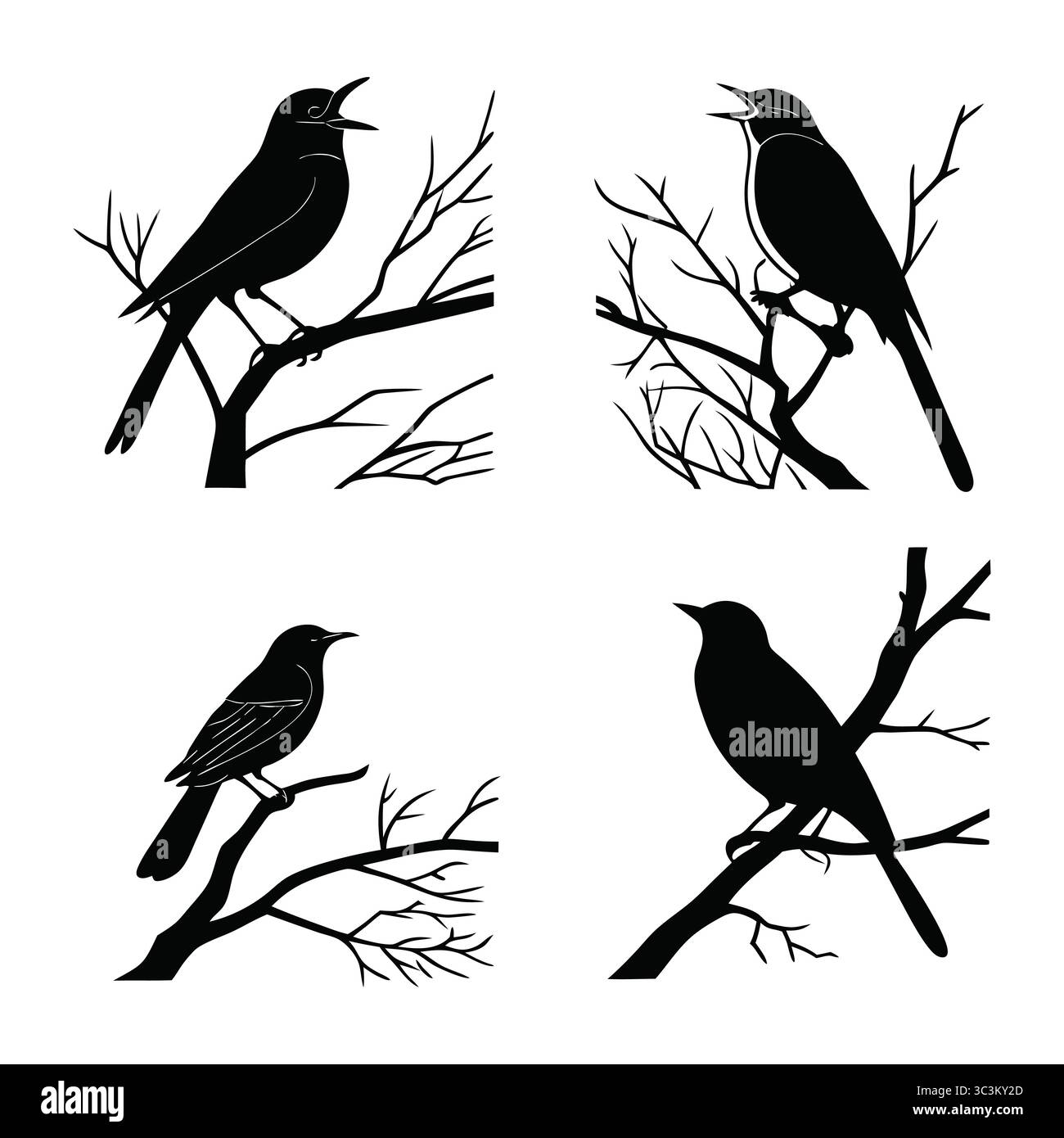 Ensemble de silhouettes d'oiseau Achrioptera Manga sur branches d'arbre dans un design minimaliste Illustration de Vecteur