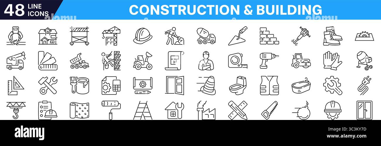 Jeu d'icônes de construction. Symbole de bâtiment. Icône linéaire. Illustration de Vecteur