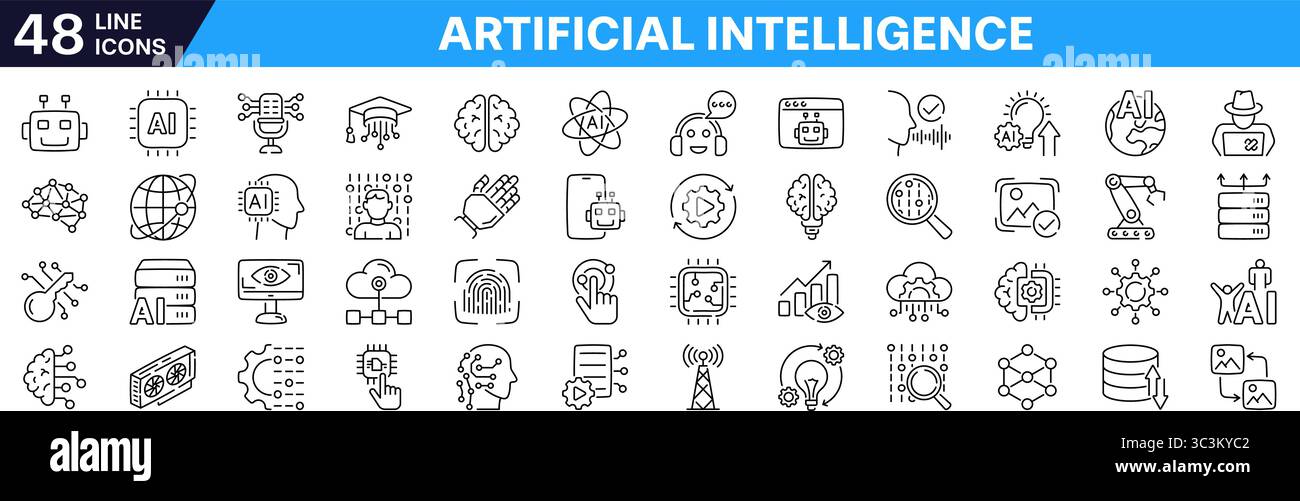Jeu d'icônes d'intelligence artificielle avec contour modifiable. Style linéaire. Illustration de Vecteur