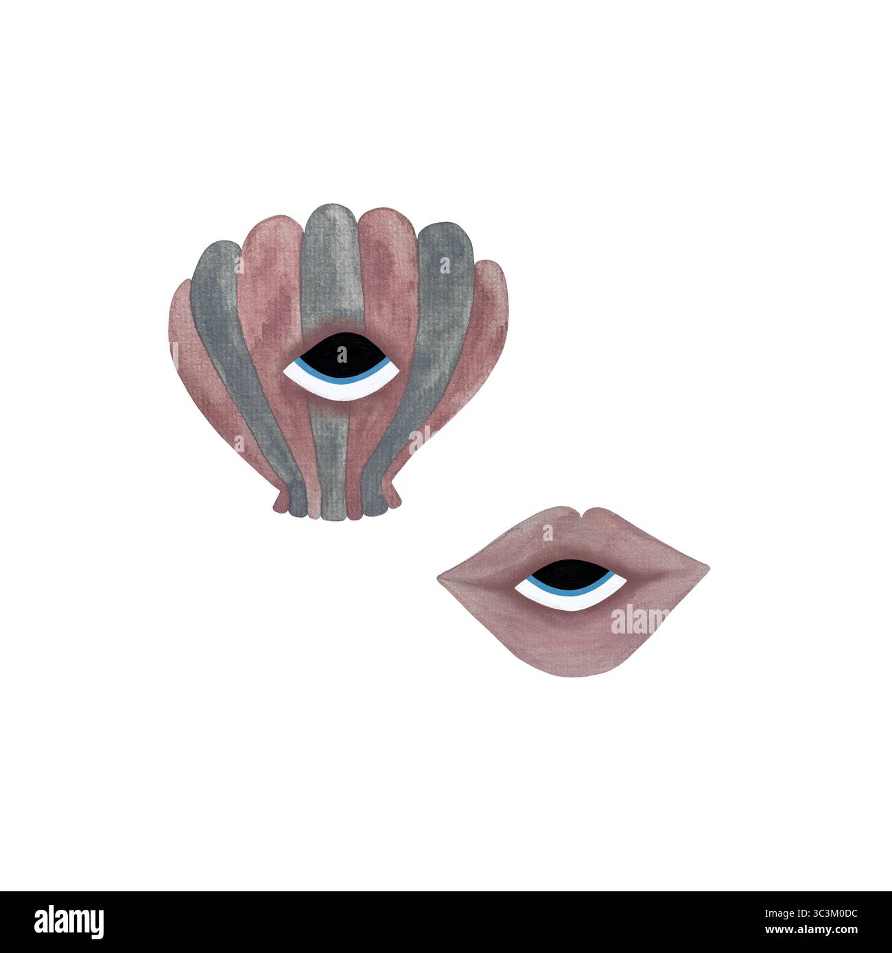 Illustration aquarelle d'un coquillage rose poussiéreux stylisé et de lèvres, les deux représentant des yeux, sur fond blanc. Ce d fantaisiste et artistique Banque D'Images