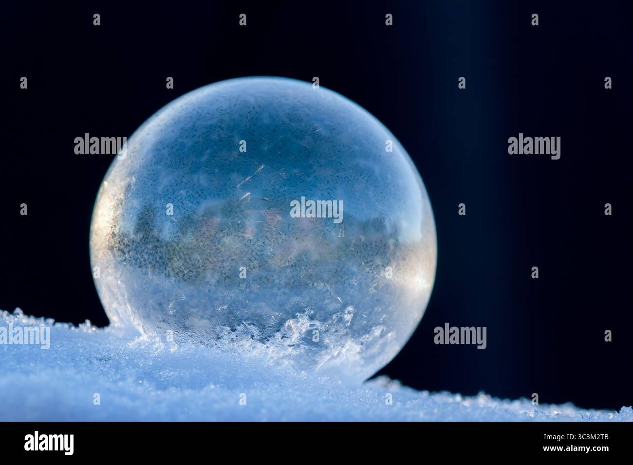 Bulle de savon gelée reposant sur la neige, motif de cristal de glace en hiver avec fond sombre pour l'espace de copie Banque D'Images