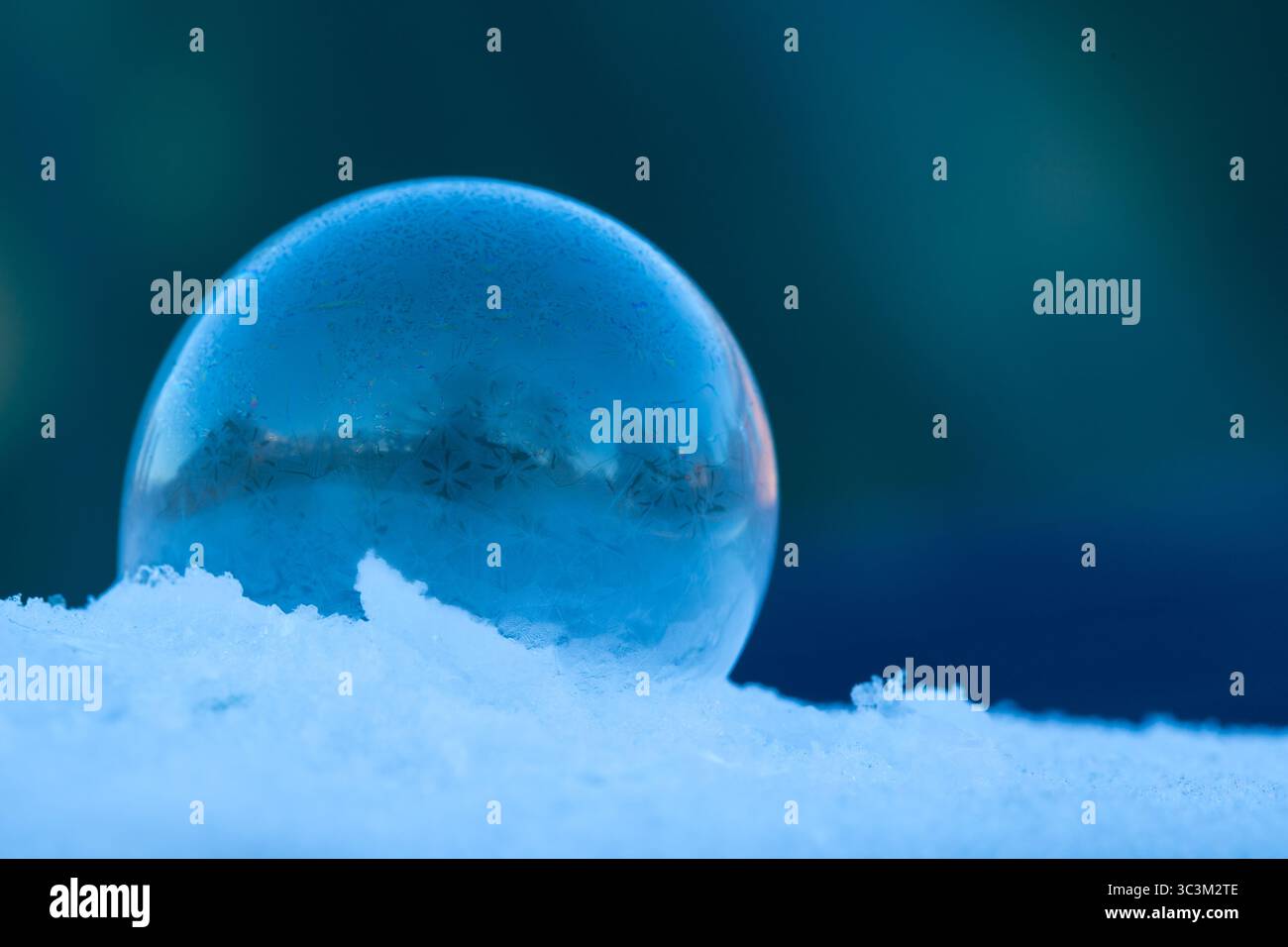 Bulle de savon gelée reposant sur la neige, motif de cristal de glace en hiver avec fond sombre pour l'espace de copie Banque D'Images