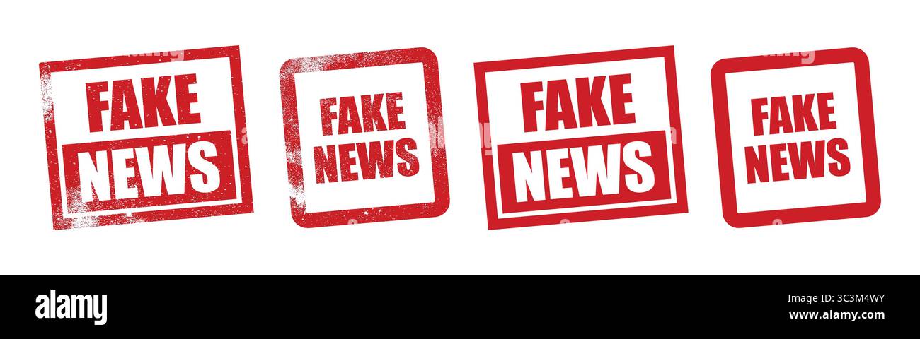 Timbre rouge en caoutchouc de fausses nouvelles. Square FAKE NEWS Stamp Vector Set avec cadres rouges gras et texture grunge Illustration de Vecteur
