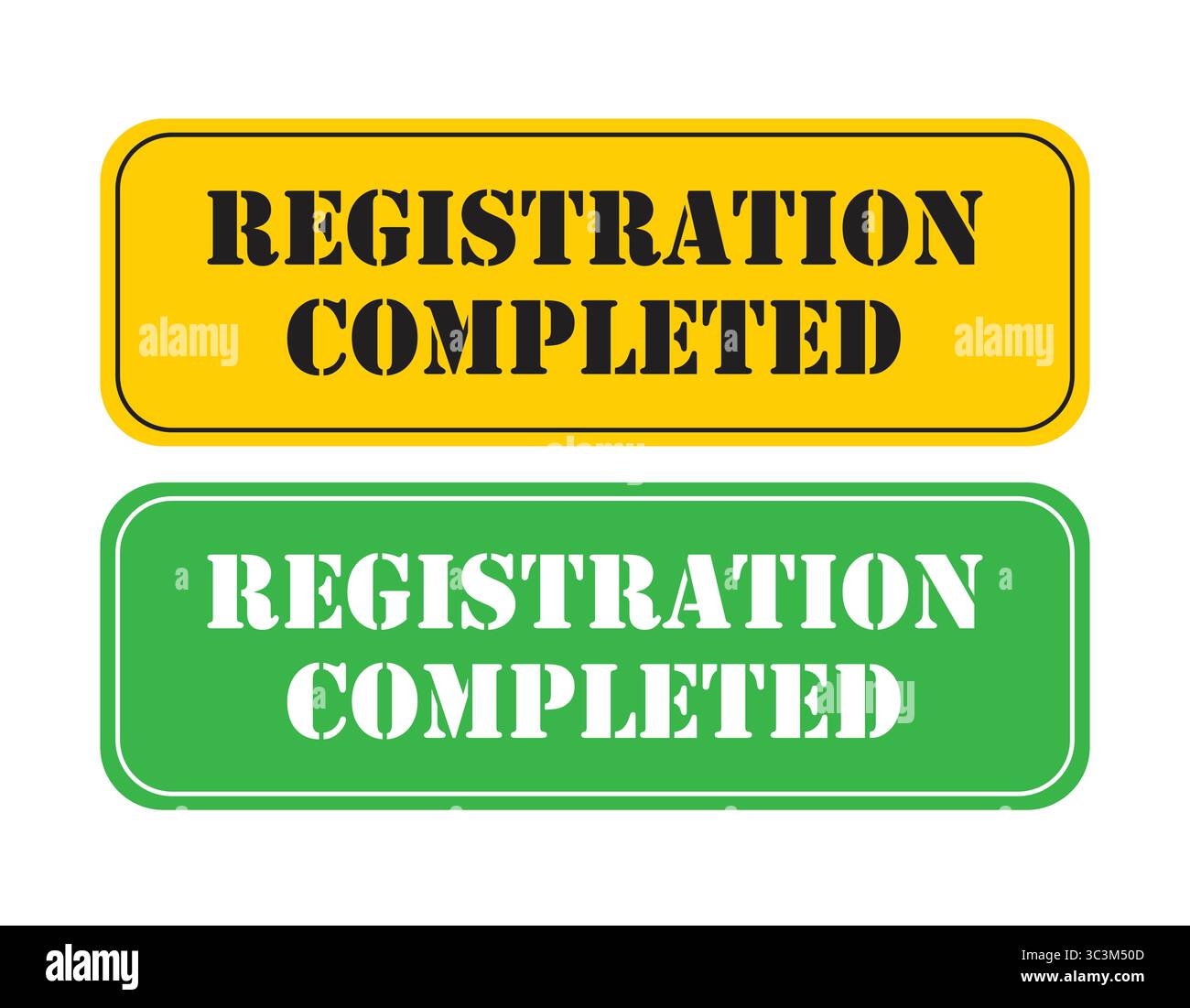 Enregistrement terminé ensemble de vecteurs d'étiquettes vert et jaune pour la confirmation et la conception de message de réussite. Autocollant de bannière de timbre enregistré Illustration de Vecteur