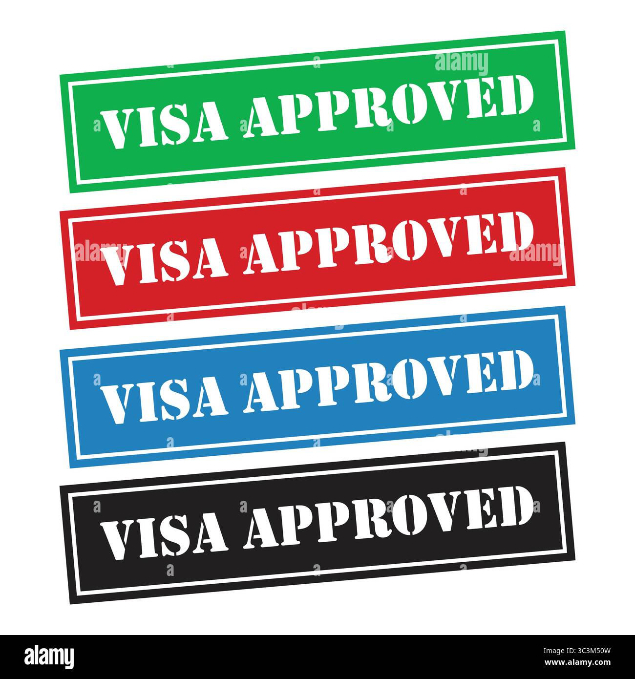 Format vectoriel rectangulaire de sceau de timbre approuvé par Visa. Ensemble de tampons en caoutchouc avec texte Visa approuvé, illustration vectorielle. Illustration de Vecteur