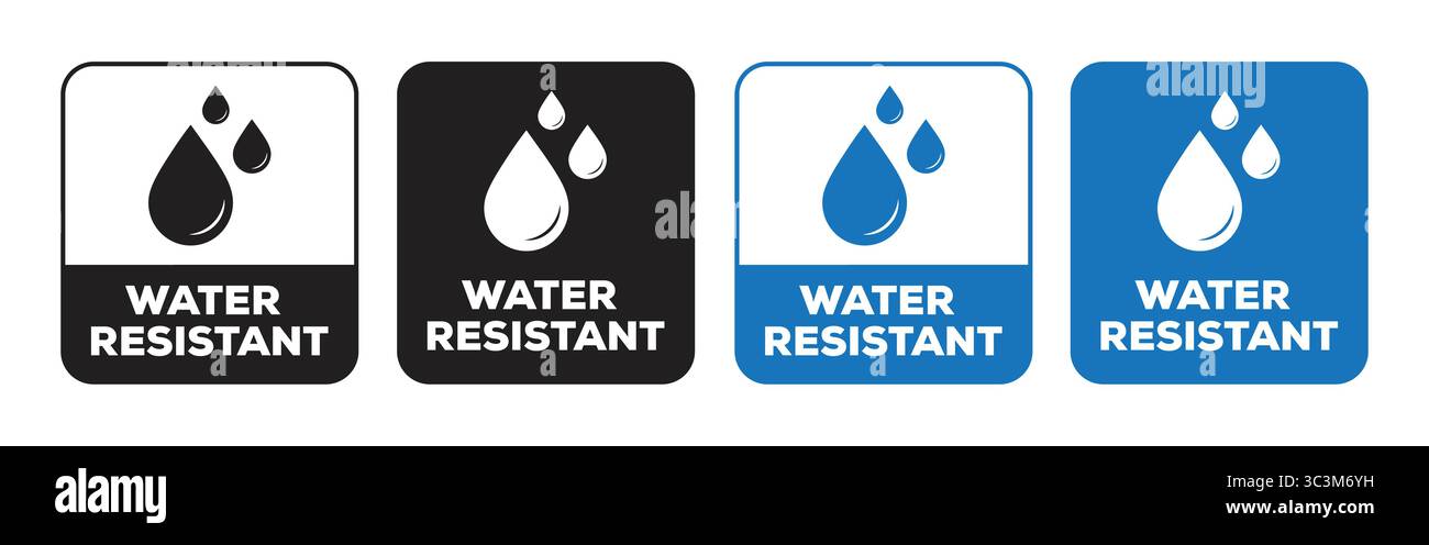 Ensemble vectoriel d'autocollant d'icône résistant à l'eau en bleu et noir pour l'emballage et les étiquettes de sécurité. Icône étanche Illustration de Vecteur