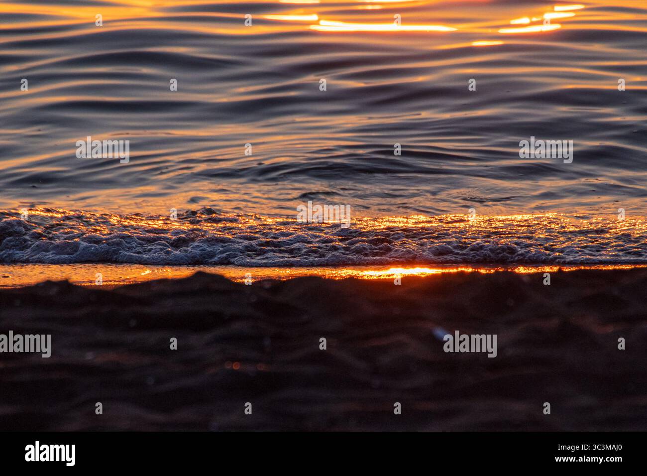 Un gros plan serein et abstrait d'un coucher de soleil sur la mer Noire. La lumière dorée scintillante se reflète sur l'eau sombre et ondulante, créant une scène paisible et atmosphérique Banque D'Images