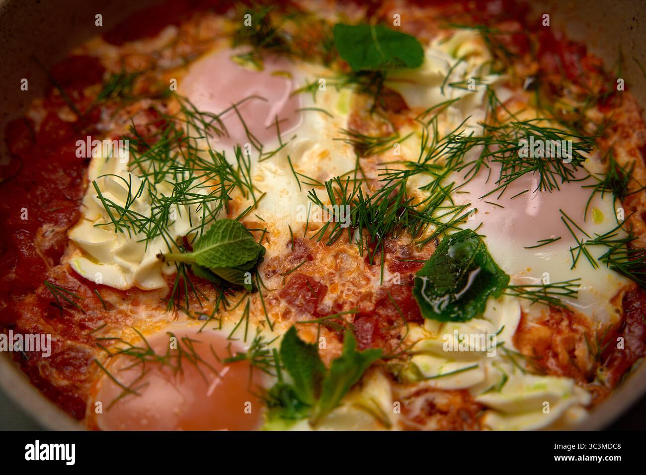 Un délicieux plat de Shakshuka avec des œufs pochés dans une sauce tomate épicée garnie d'herbes fraîches et de légumes pour un repas savoureux Banque D'Images