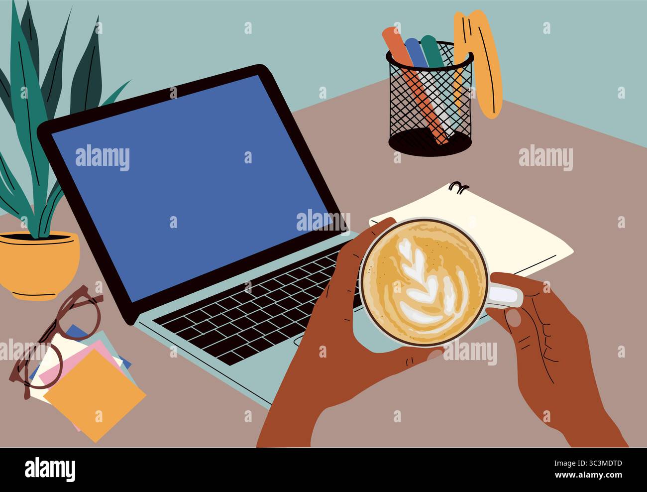 Mains tenant la tasse à café près de l'ordinateur portable sur le bureau Illustration de Vecteur