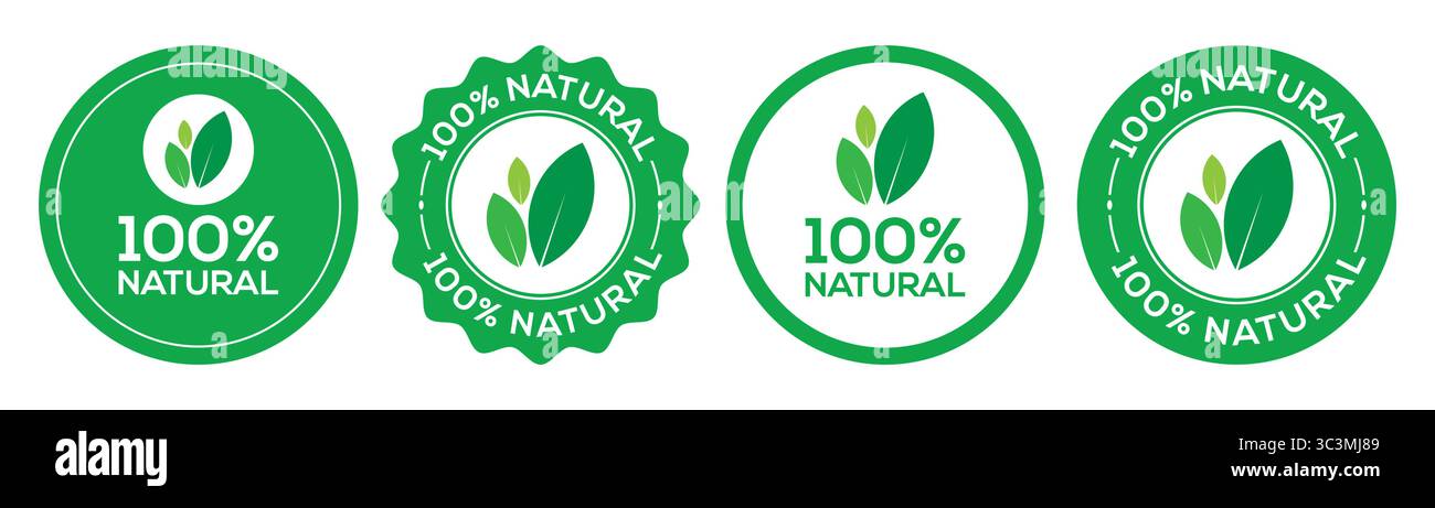 vecteur de logo de timbre organique de produit 100% naturel. Étiquettes vertes 100% naturelles avec des badges vectoriels d'icônes de feuille pour produit écologique organique Illustration de Vecteur