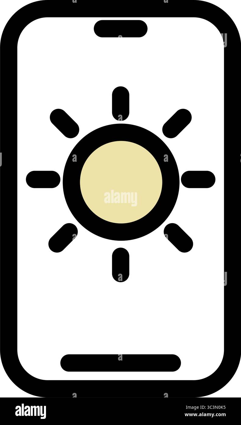 Cette icône nette affiche un smartphone avec un symbole de soleil, représentant le réglage de la luminosité de l'écran pour les paramètres d'affichage mobile. Illustration de Vecteur