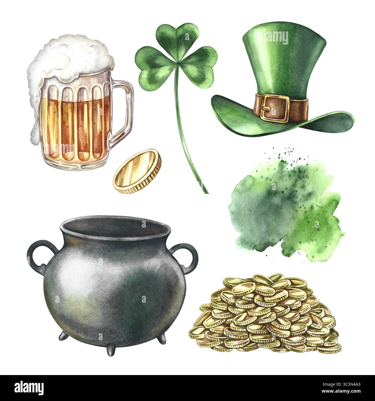 Ensemble de. Photos de la fête de Patrick. Illustrations aquarelles dessinées à la main. Chapeau de leprechaun, chaudron, pièces de monnaie, trèfle et tasse de bière. Pour les cartes de vœux Banque D'Images