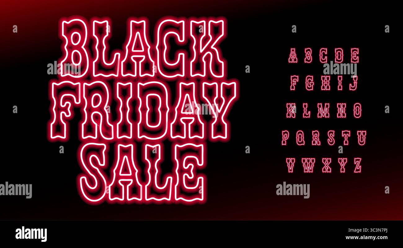 Solde vendredi fou police alphabet fluo. Police de caractères rouge rétro rétro Western Mexican Texas style avec lettres soulignées pour affiches, bannières, marketing Illustration de Vecteur