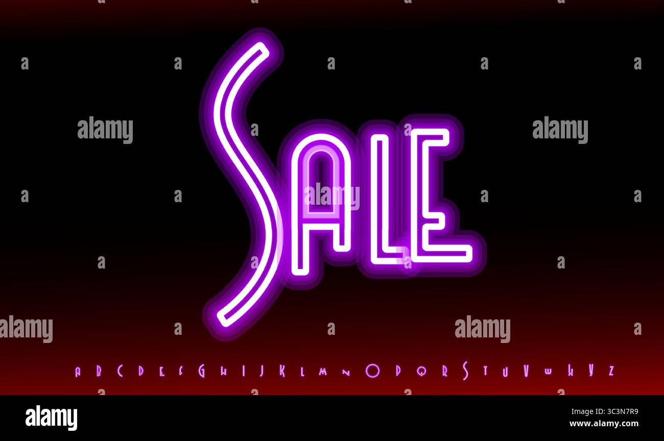 Solde enseigne au néon avec lettres roses brillantes sur fond noir rouge dégradé. Typographie moderne pour Black Friday Cyber Monday logo promotions d'achat Illustration de Vecteur