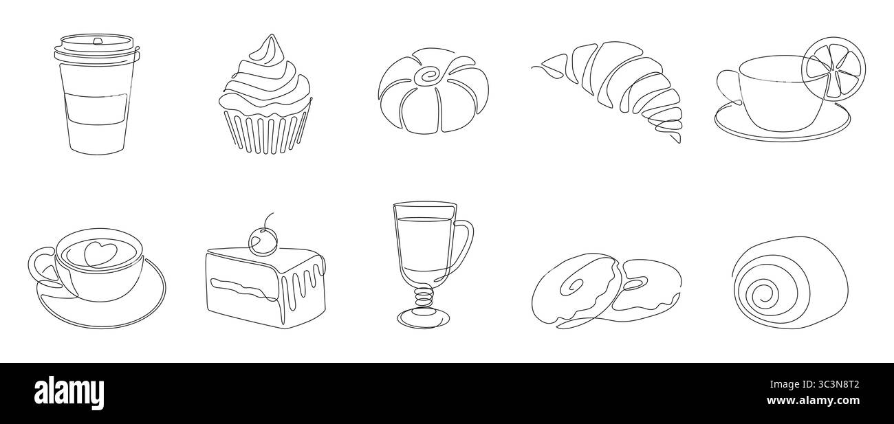 Gâteaux d'art au trait. Nourriture dessert boulangerie pour café, contour café et crêpes. Contour de croquis de gâteau sucré, boisson de thé minimaliste pour le menu. Croissant, muffin sucré et beignet. Icônes isolées simples vectorielles Illustration de Vecteur