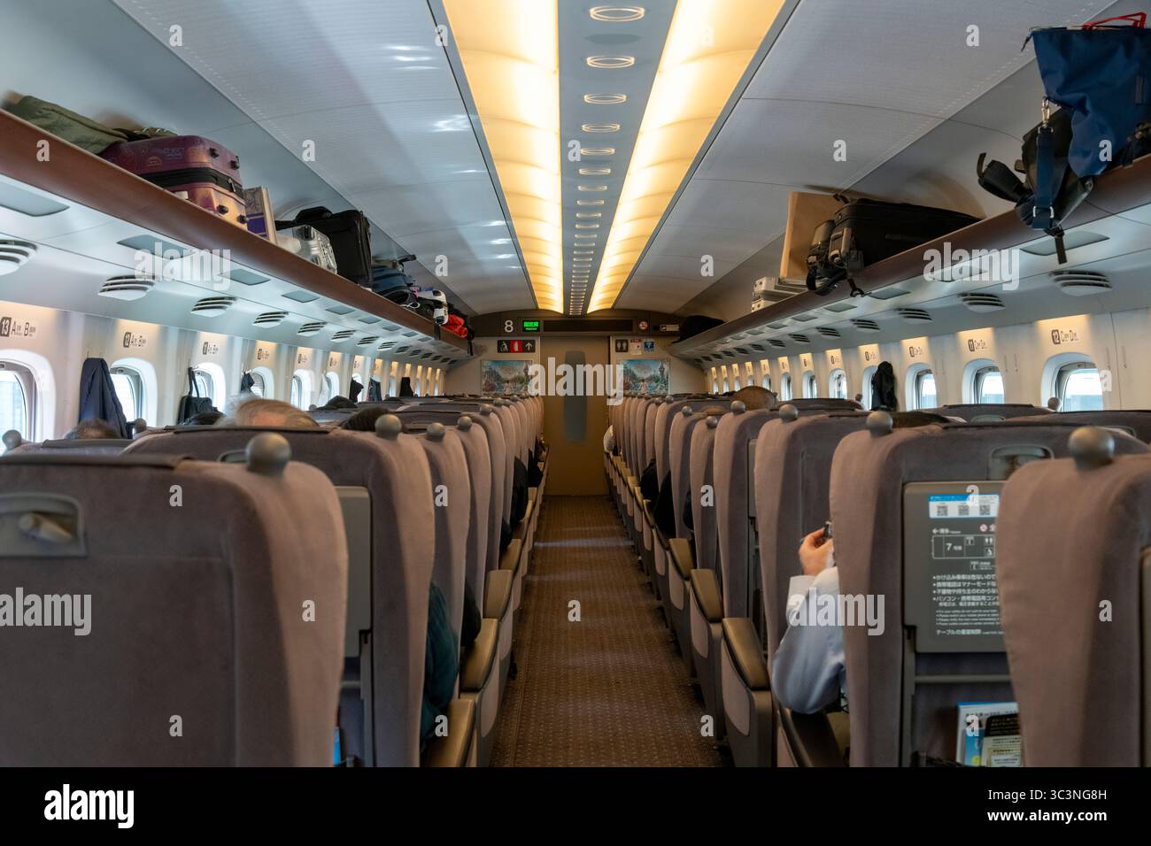Tokyo, Japon-5 avril 2025 ; vue intérieure de la cabine Green car du train à grande vitesse Shinkansen ou train à grande vitesse rempli de passagers et de bagages Banque D'Images