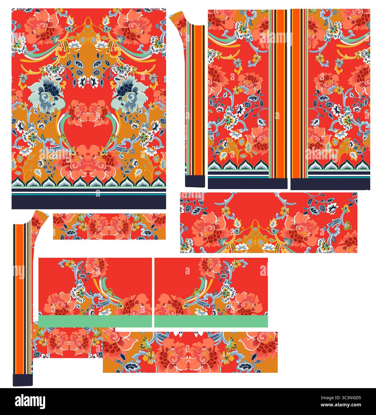 Le motif floral sans couture présente des fleurs et des feuilles vintage sur un fond rouge Banque D'Images