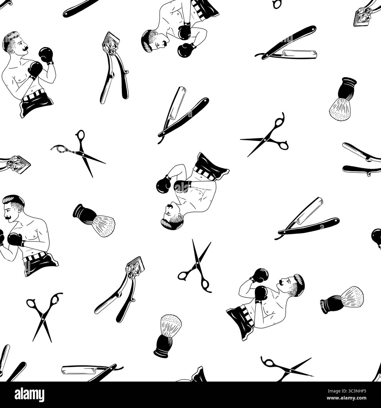 Un modèle vintage de salon de coiffure présente des boxeurs, des ciseaux et des rasoirs en noir et blanc Banque D'Images