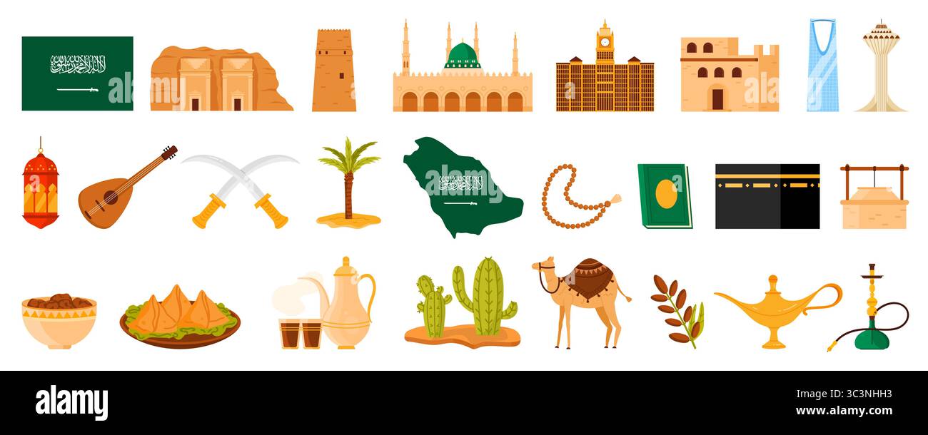 Voyage à l'Arabie Saoudite décor, éléments de la culture arabe et symboles islamiques, patrimoine et architecture moderne. Grande mosquée de la Mecque et tours de l'horloge, chameau et oasis du désert illustration vectorielle de dessin animé Illustration de Vecteur