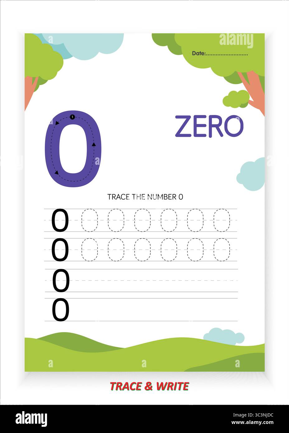 Feuille de pratique de traçage et d'écriture de numéro zéro pour les enfants Apprenez à tracer écrivez et reconnaissez le numéro 0 avec des contours Big Bold et guidés Illustration de Vecteur