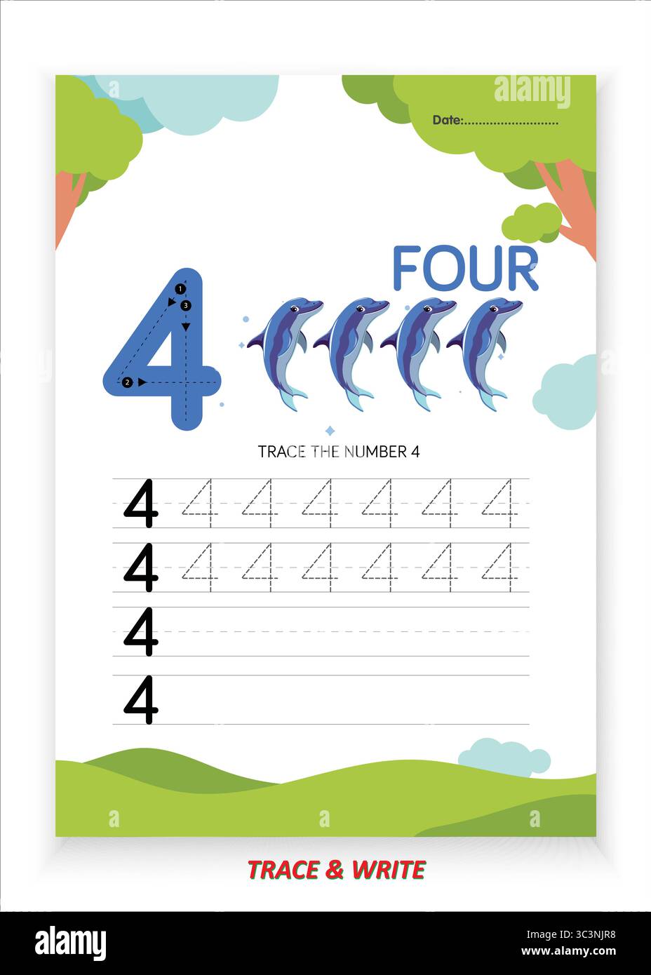 Feuille de pratique de traçage et d'écriture numéro quatre pour les enfants Apprenez à tracer écrire et reconnaître le numéro 4 avec des contours en gros gras et des points guidés Illustration de Vecteur