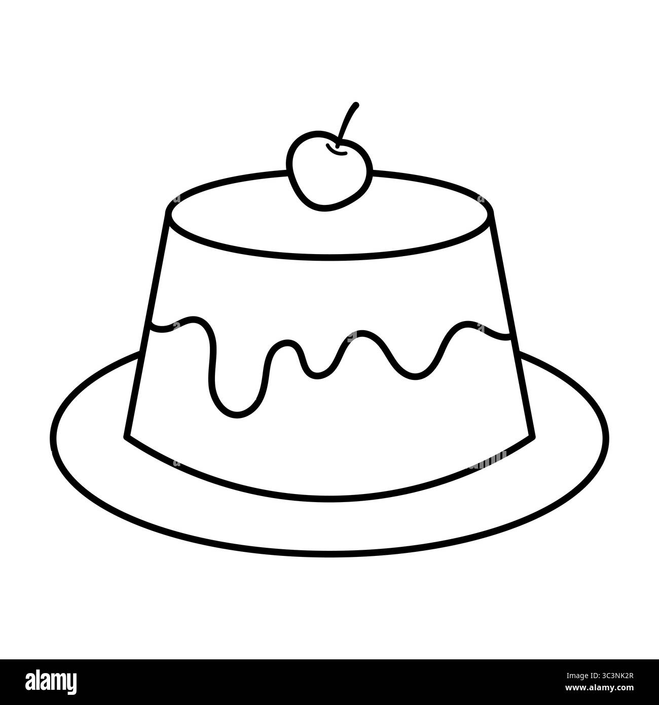 Dessert Pudding avec illustration cerise. Cette illustration vectorielle montre un dessin simple au trait noir et blanc d'un pudding dessert placé sur une assiette. Illustration de Vecteur