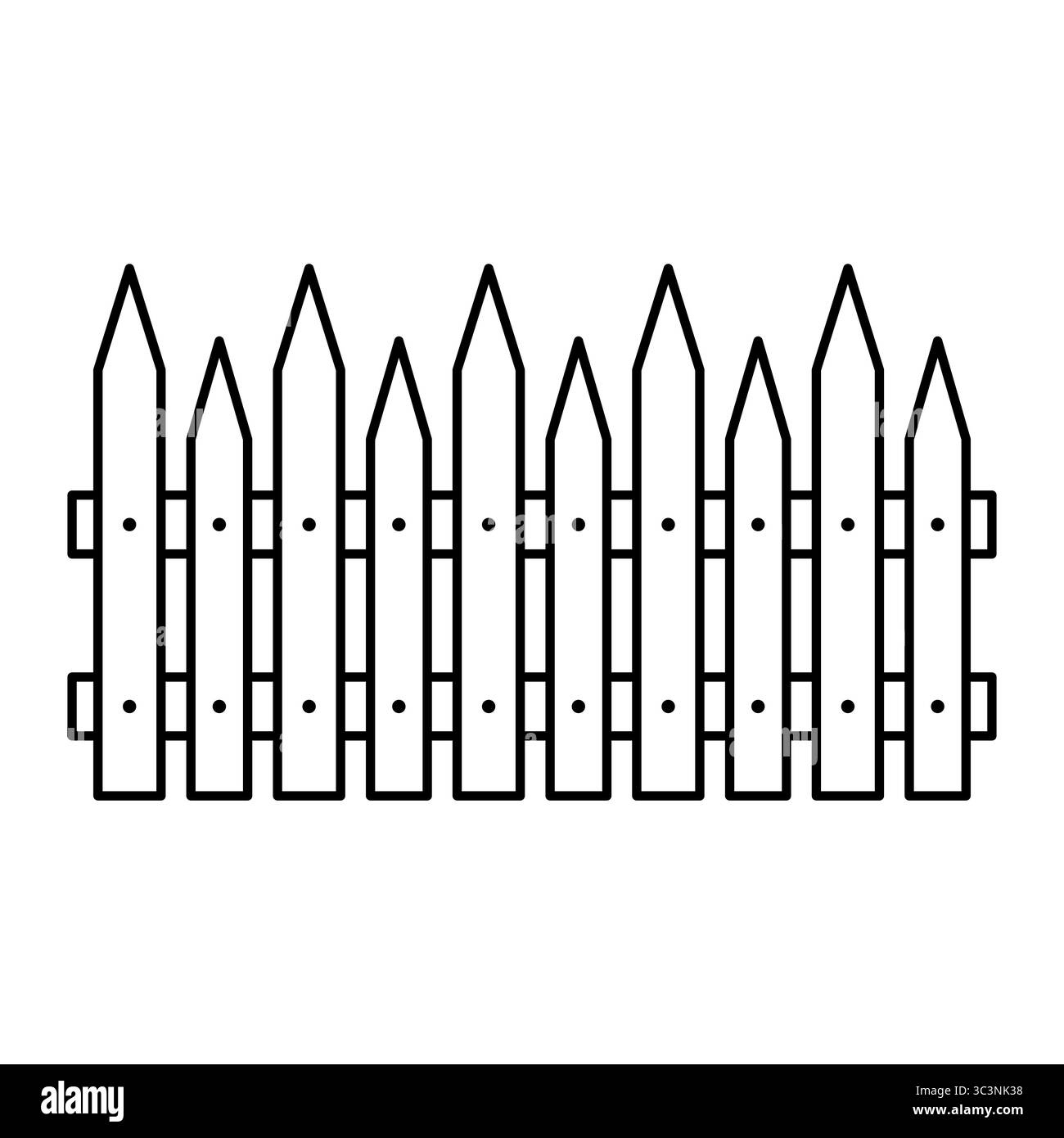 Illustration de clôture en bois. La clôture comporte des lattes verticales espacées uniformément avec des sommets pointus et deux poutres de support horizontales courant à travers le dos. Illustration de Vecteur