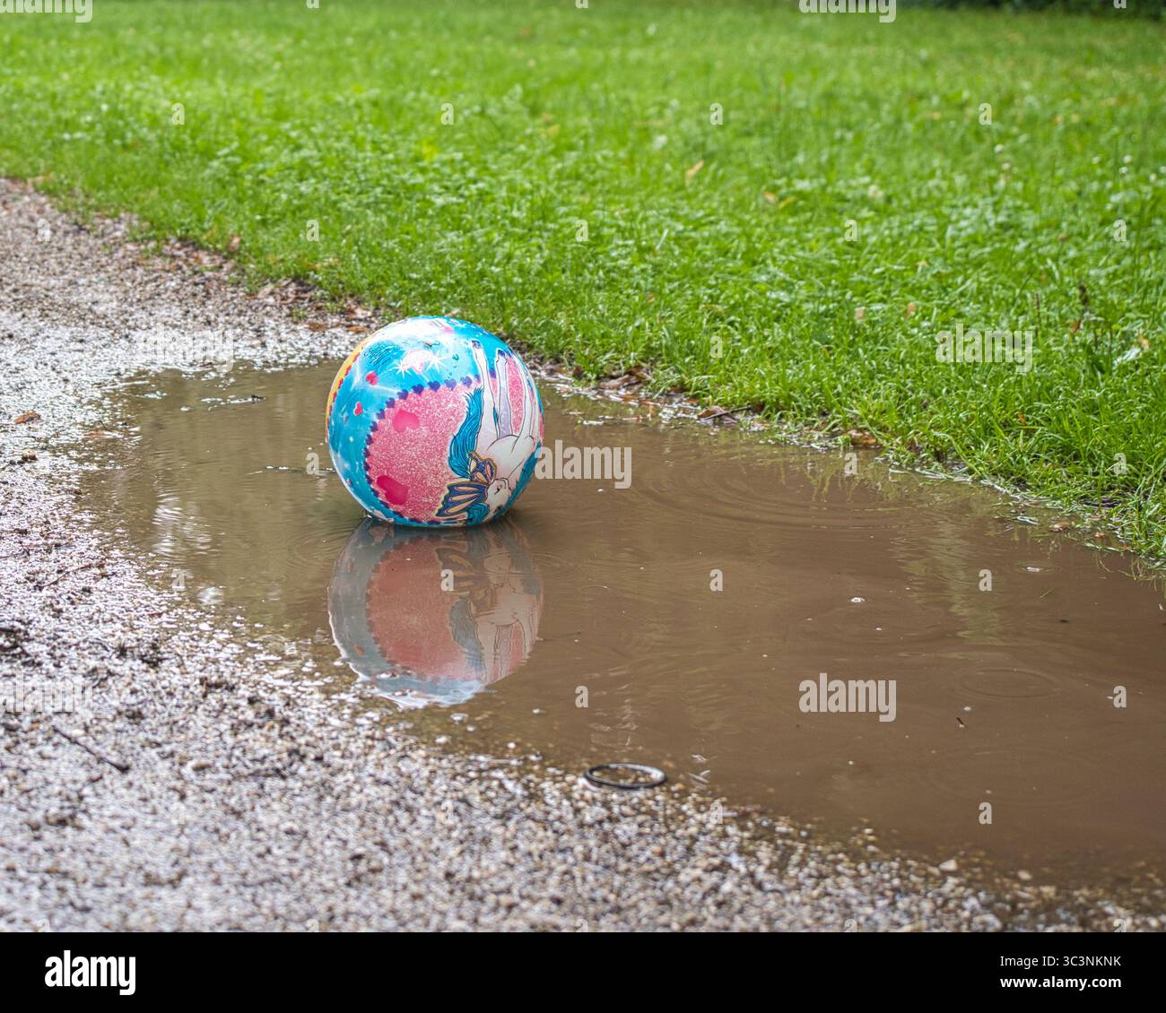 Boule colorée pour enfants flottant dans une flaque sur un chemin de gravier Banque D'Images
