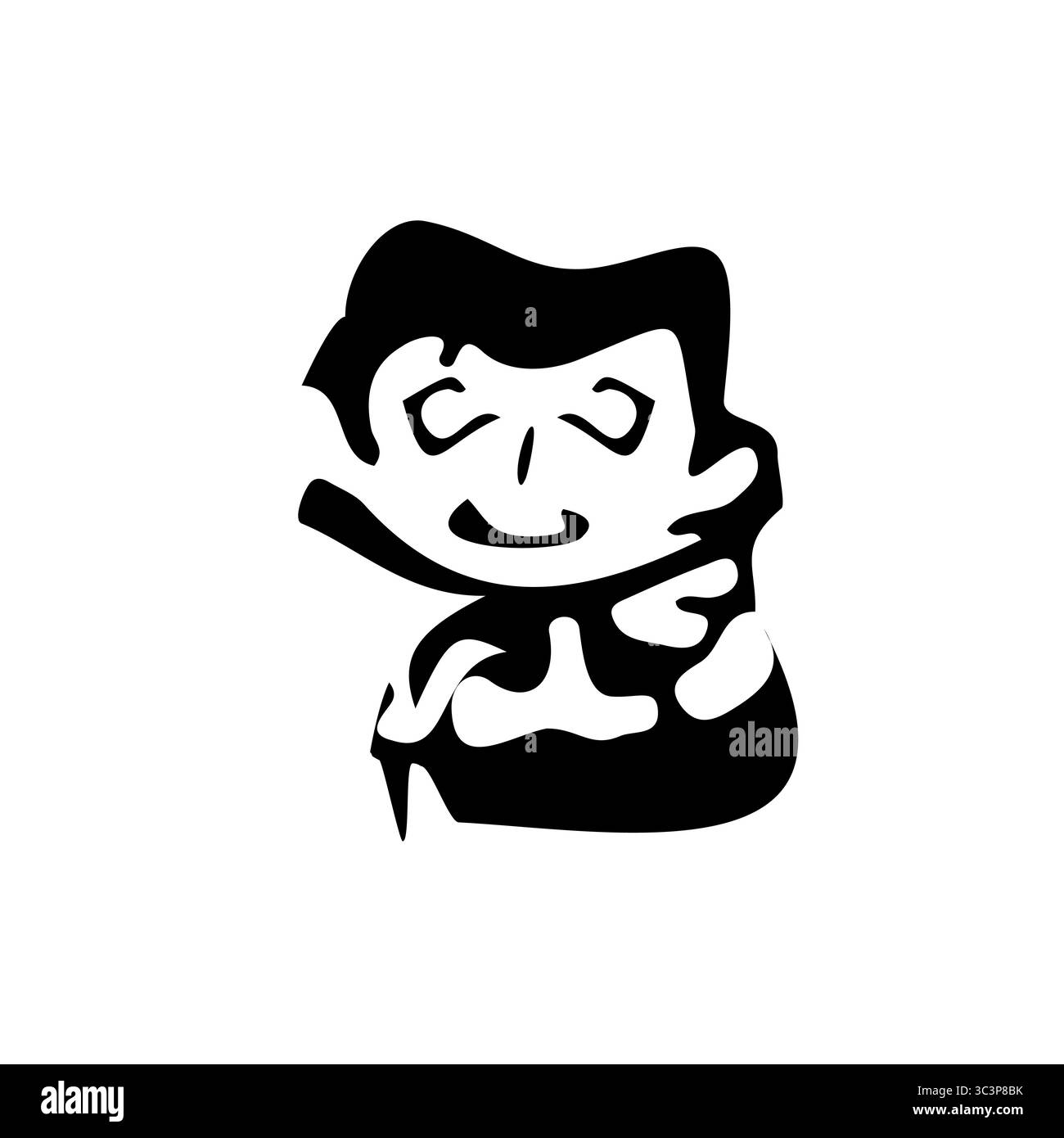 Une charmante illustration de garçon de dessin animé de style rétro en noir et blanc audacieux, avec un visage rond, les yeux fermés et un sourire calme. Idéal pour la marque, l'habillement Illustration de Vecteur