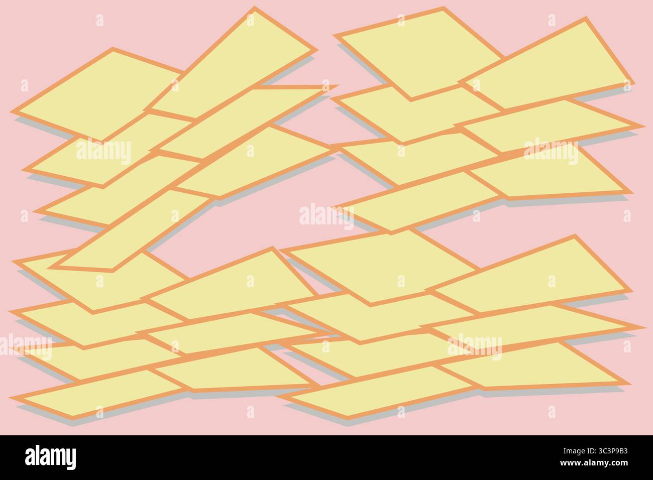 Vecteur épuré et minimaliste avec des rectangles jaunes doux et des trapèzes qui se chevauchent avec des ombres portées subtiles sur un fond rose pâle. Inclut une Illustration de Vecteur