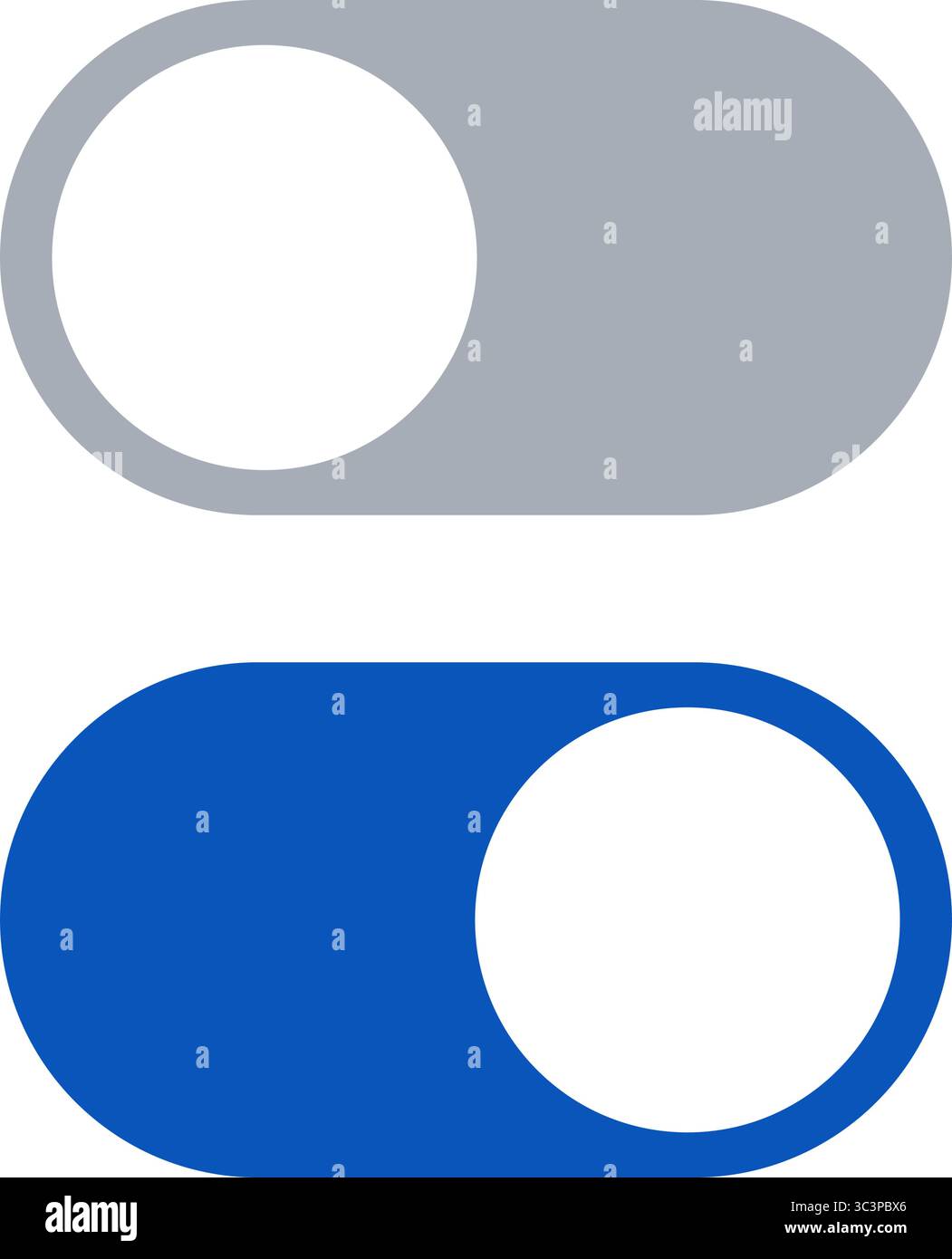 Bouton à bascule de conception plate minimaliste montrant les états OFF et ON en bleu et gris. Disposition verticale à deux rangées. Icône vectorielle modifiable pour UI et UX. Illustration de Vecteur