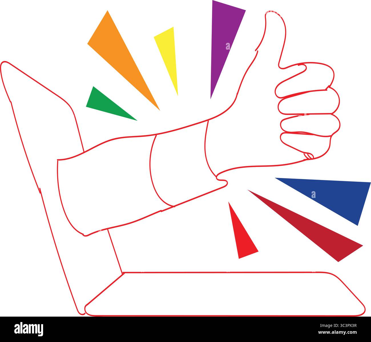 Pouces vers le haut de l'écran d'ordinateur portable, commentaires positifs et concept d'approbation, des couleurs vives célèbrent le succès Illustration de Vecteur