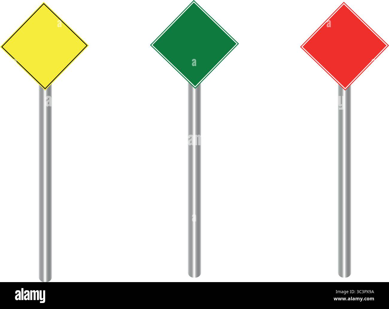 Trois panneaux colorés en forme de losange avec des poteaux, jaune, vert et rouge, pour la circulation et la sécurité. Illustration de Vecteur