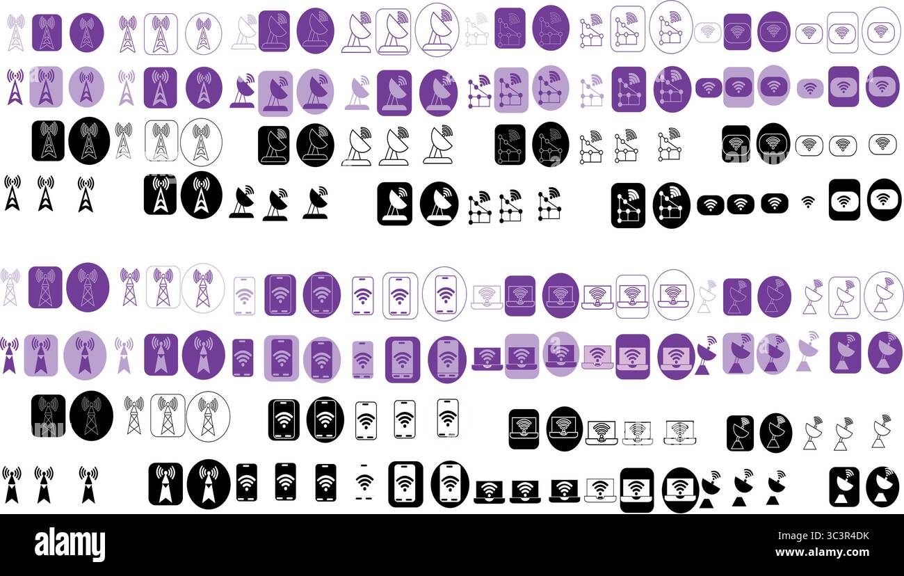 Icônes de technologie de communication illustrant les signaux wifi et les symboles de transmission par satellite Illustration de Vecteur