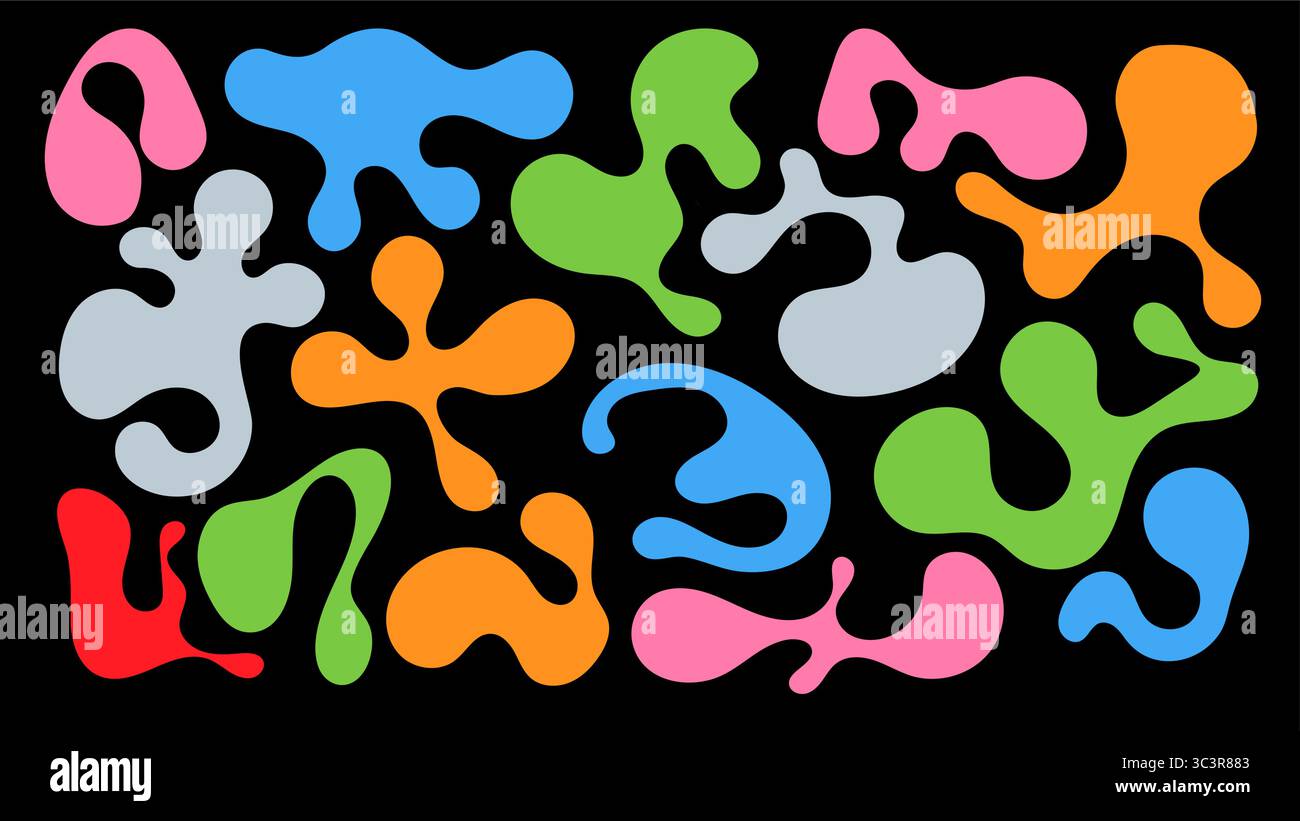 Des taches colorées de différentes formes et tailles sont dispersées sur un fond noir, créant une composition visuelle abstraite et attrayante. L'arrangement Illustration de Vecteur