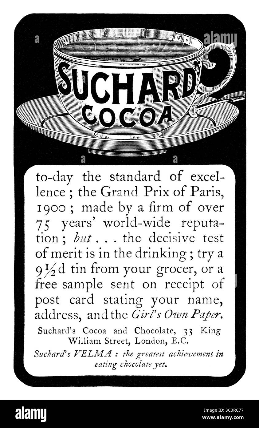 1904 publicité britannique pour la boisson au chocolat chaud Suchard's Cocoa, du Girl's Own Paper. Banque D'Images
