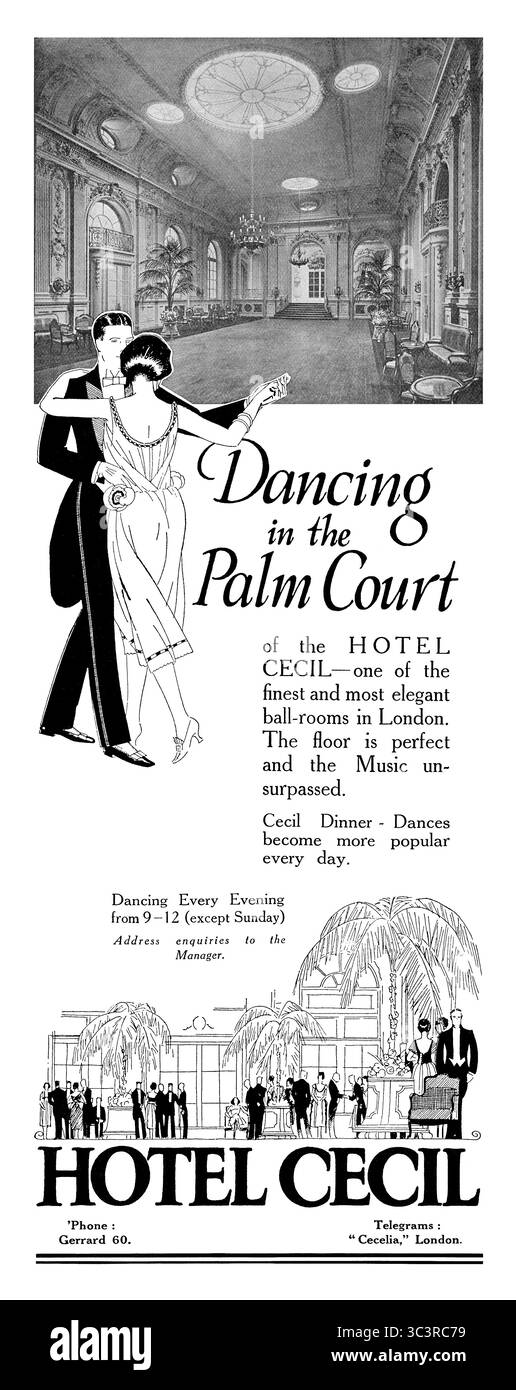 1922 publicité britannique pour danser au Palm court de l'Hôtel Cecil dans le Strand, Londres. Il a été démoli en 1930. Fighty Strand (anciennement Shell Mex House) se trouve maintenant sur le site. Banque D'Images